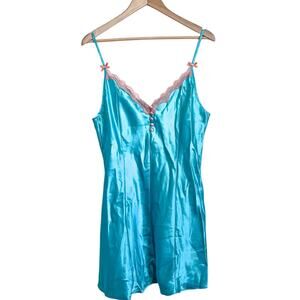VTG Y2K Leslie Fay Women Mini Slip Dress Large Green Satin Lace Coquette Fairy